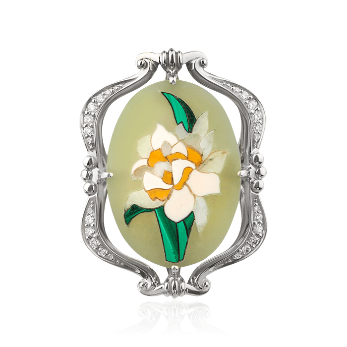 Кольцо нарцисс с флорентийской мозаикой, бриллиантами из белого золота 585, фото № 2