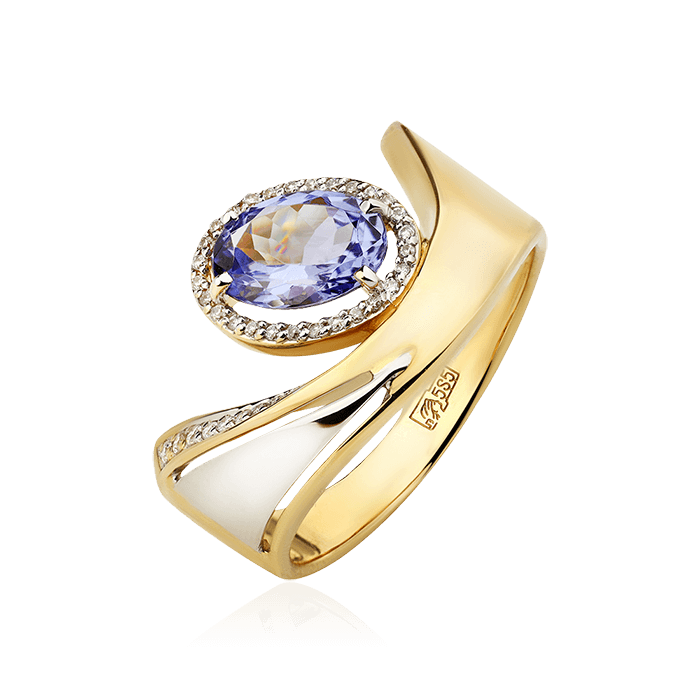 Кольцо с танзанитом, бриллиантами из комбинированного золота 585 пробы, фото № 1
