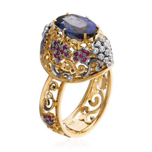 Кольцо с сапфиром, рубином, бриллиантами из желтого золота 750 пробы, фото № 1