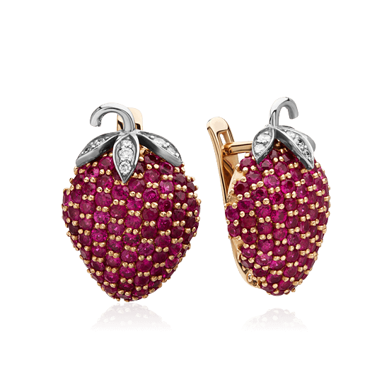 Серьги клубника с рубином, бриллиантами из желтого золота 750 пробы, фото № 1