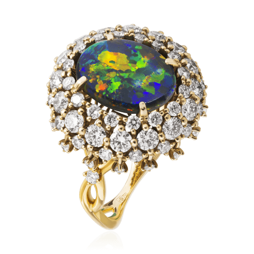 Кольцо с опалом, сапфиром, бриллиантами из желтого золота 750 пробы, фото № 1