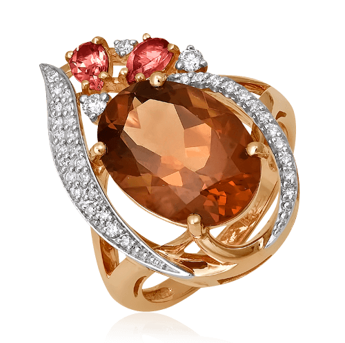 Кольцо с кварцем, турмалином, бриллиантами из комбинированного золота 585 пробы, фото № 1