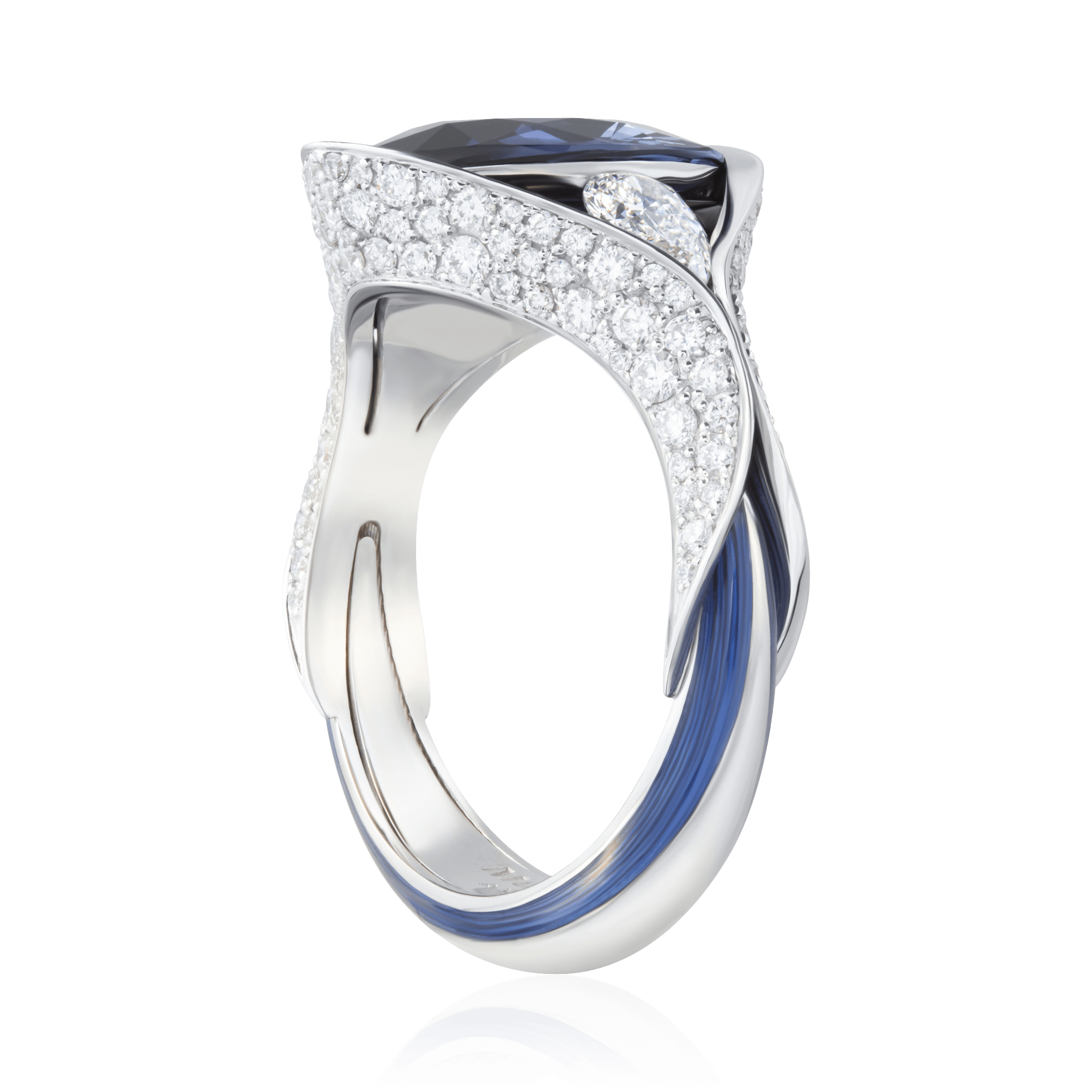 Кольцо с сапфиром, бриллиантами, эмалью из белого золота 750 пробы, фото № 2