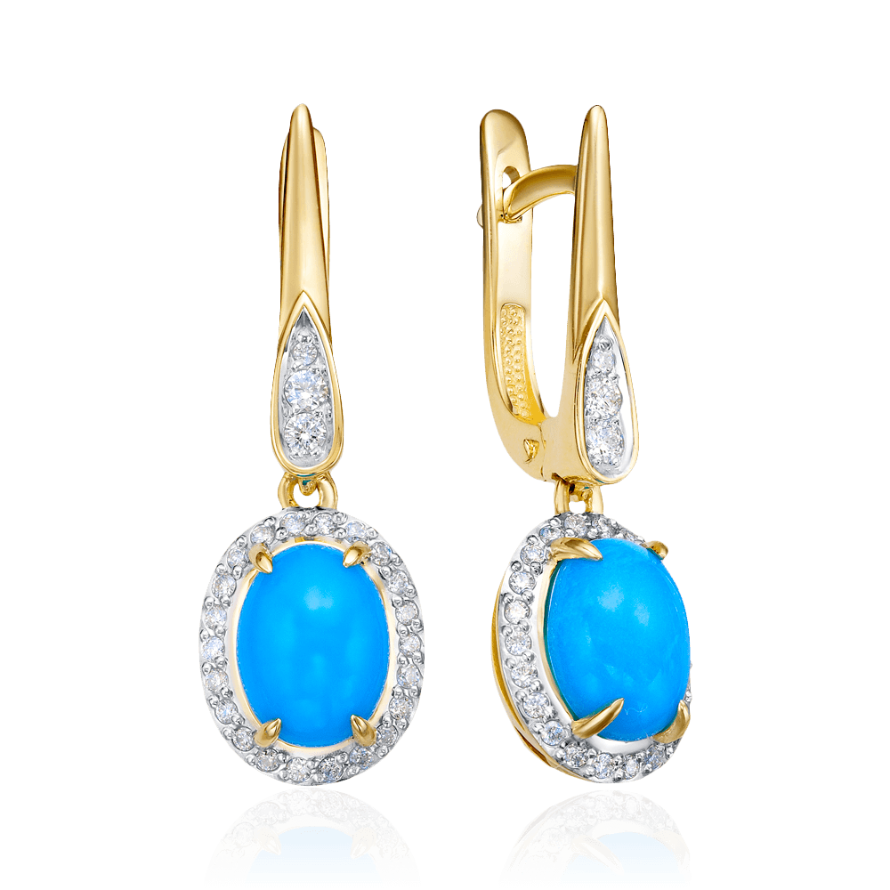 Серьги с бирюзой, бриллиантами из желтого золота 585 пробы, фото № 1