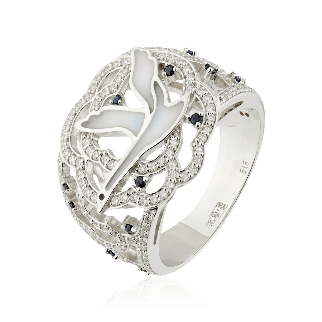 Кольцо Лебеди с сапфиром, бриллиантами из белого золота 585 пробы, фото № 1