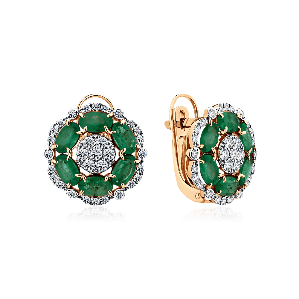 Серьги с изумрудом, бриллиантами из красного золота 585 пробы (арт. 107169)