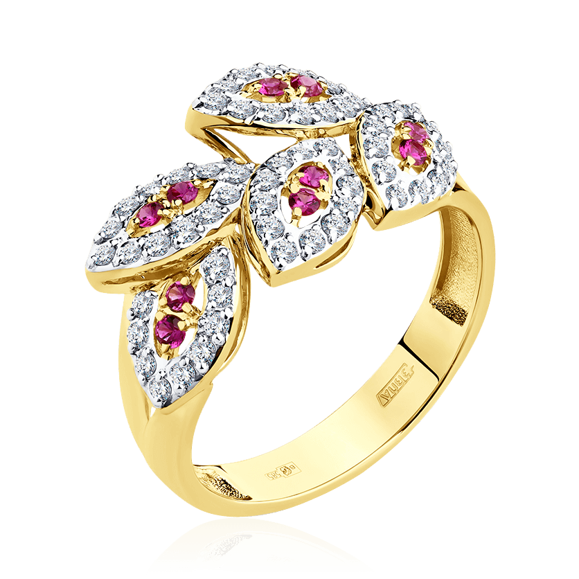 Кольцо с рубином, бриллиантами из желтого золота 585 пробы (арт. 104494)