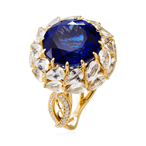 Кольцо с танзанитом, белыми сапфирами, бриллиантами из желтого золота 750 пробы, фото № 1