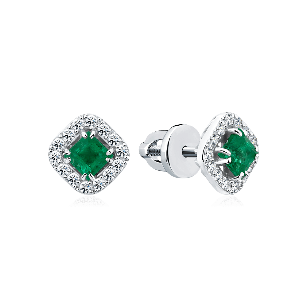 Серьги с изумрудом, бриллиантами из белого золота 585 пробы, фото № 1