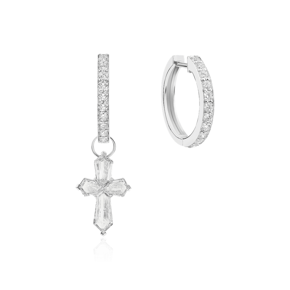 Асимметричные серьги крестик с бриллиантами из белого золота 750 пробы, фото № 1