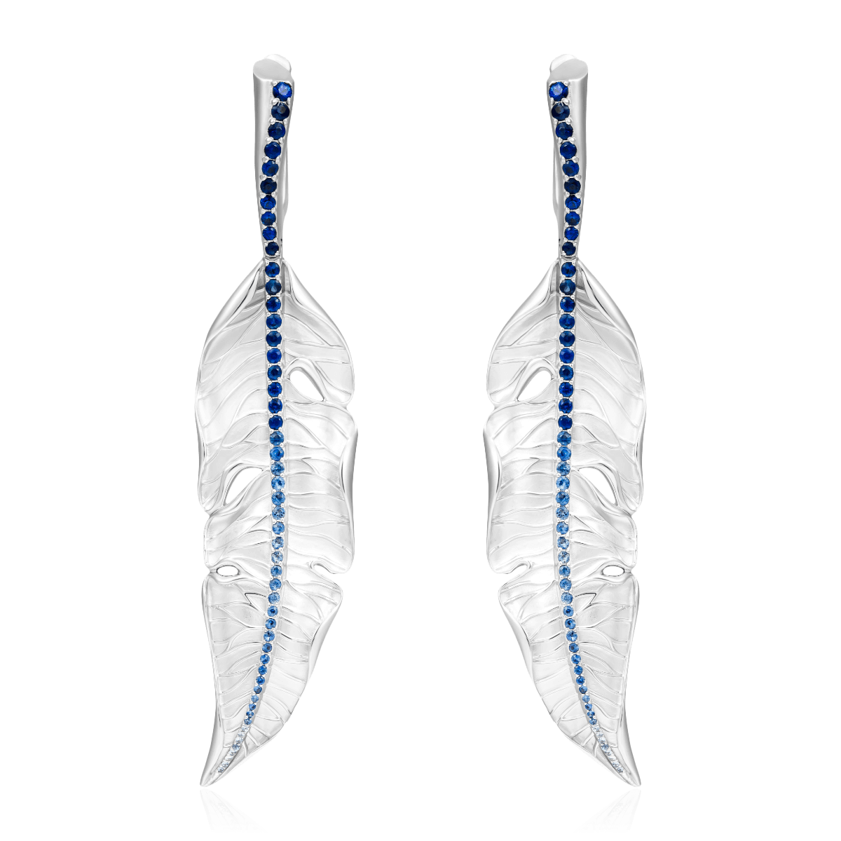 Серьги Листья с сапфирами из белого золота 750 пробы, фото № 1