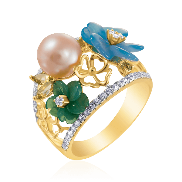 Кольцо с бриллиантами, жемчугом из желтого золота 585 пробы (арт. 51698)