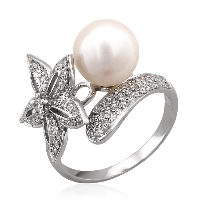 Кольцо в виде цветка с жемчугом, бриллиантами из белого золота 585 пробы, фото № 1