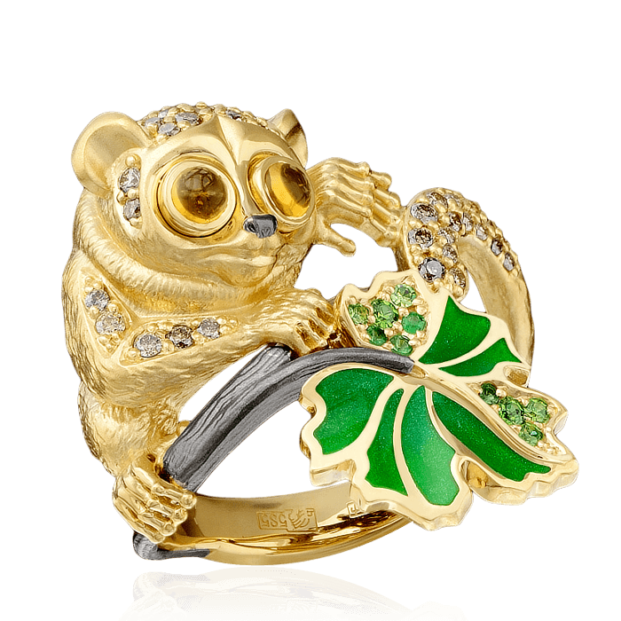 Кольцо Лемур с цветными камнями и бриллиантами в желтом золоте 585 пробы (арт. 32667)