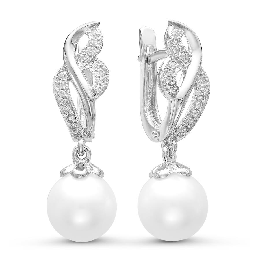 Серьги с жемчугом, бриллиантами из белого золота 585 пробы, фото № 2