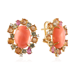 Серьги с кораллом , турмалином , перидотом , цитрином из желтого золота 585 пробы (арт. 61072)