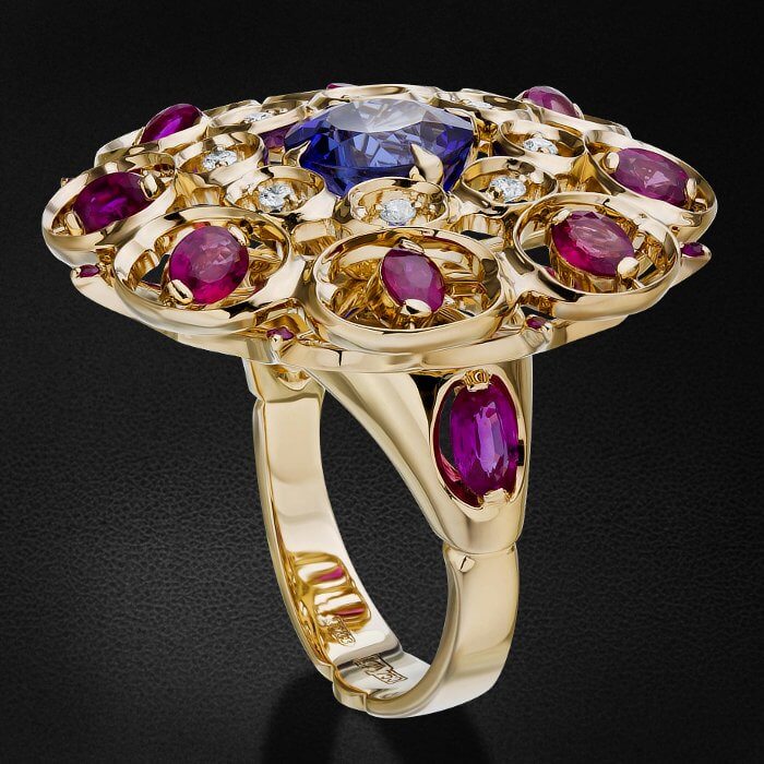 Кольцо с танзанитом, рубином, бриллиантами из желтого золота 750 пробы, фото № 3