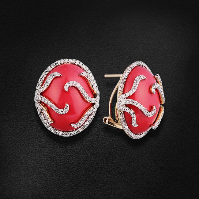 

Серьги с бриллиантами, кораллом из желтого золота 585 пробы