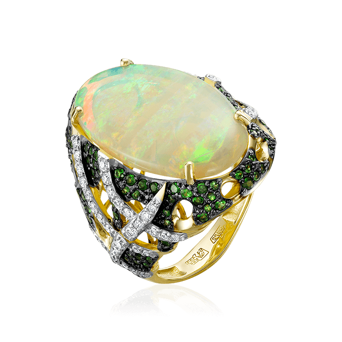 Кольцо с опалом, бриллиантами, тсаворитом из желтого золота 585 пробы, фото № 1