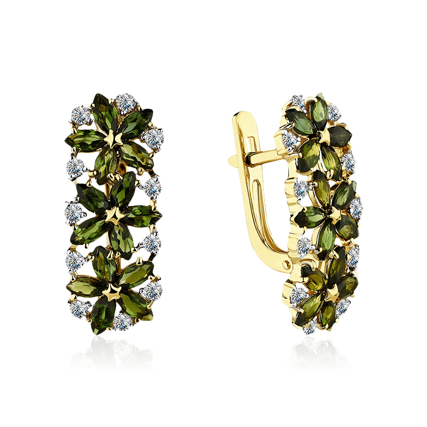 Серьги в виде цветов с турмалином, бриллиантами из желтого золота 585 пробы, фото № 1