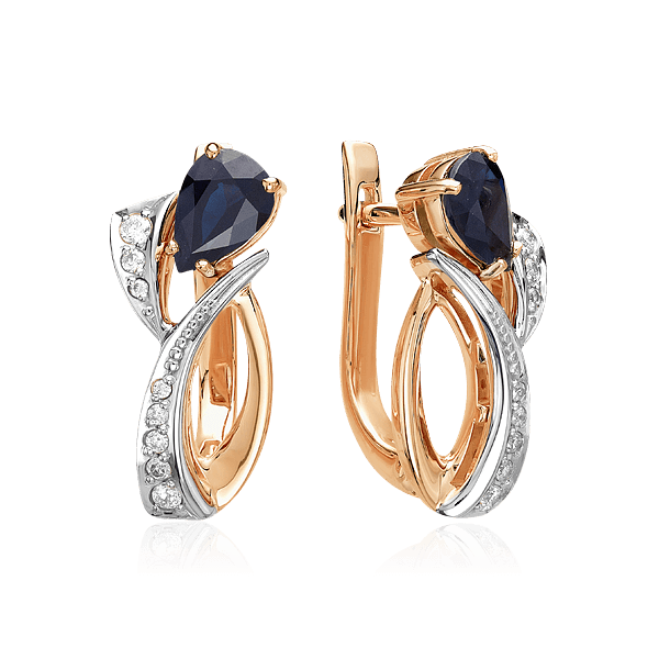 Серьги с сапфиром, бриллиантами из комбинированного золота 585 пробы, фото № 1
