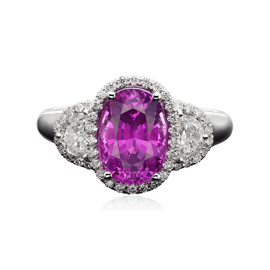 Кольцо с необычайно редким пурпурно-розовым цейлонским сапфиром, бриллиантами из белого золота 750 пробы (арт. 103789)