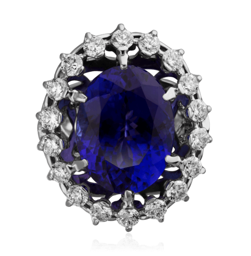 Кольцо с танзанитом, сапфиром, бриллиантами из белого золота 750 пробы, фото № 2