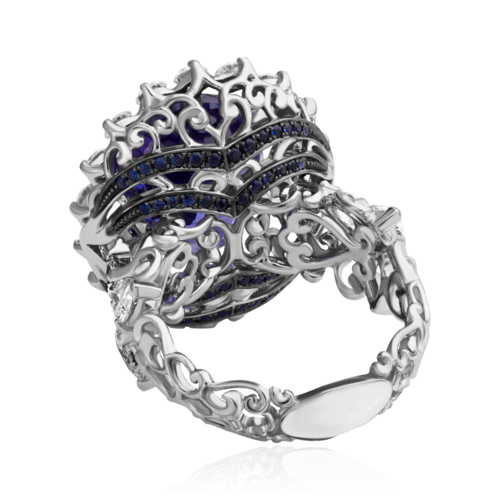 Кольцо с танзанитом, сапфиром, бриллиантами из белого золота 750 пробы, фото № 3
