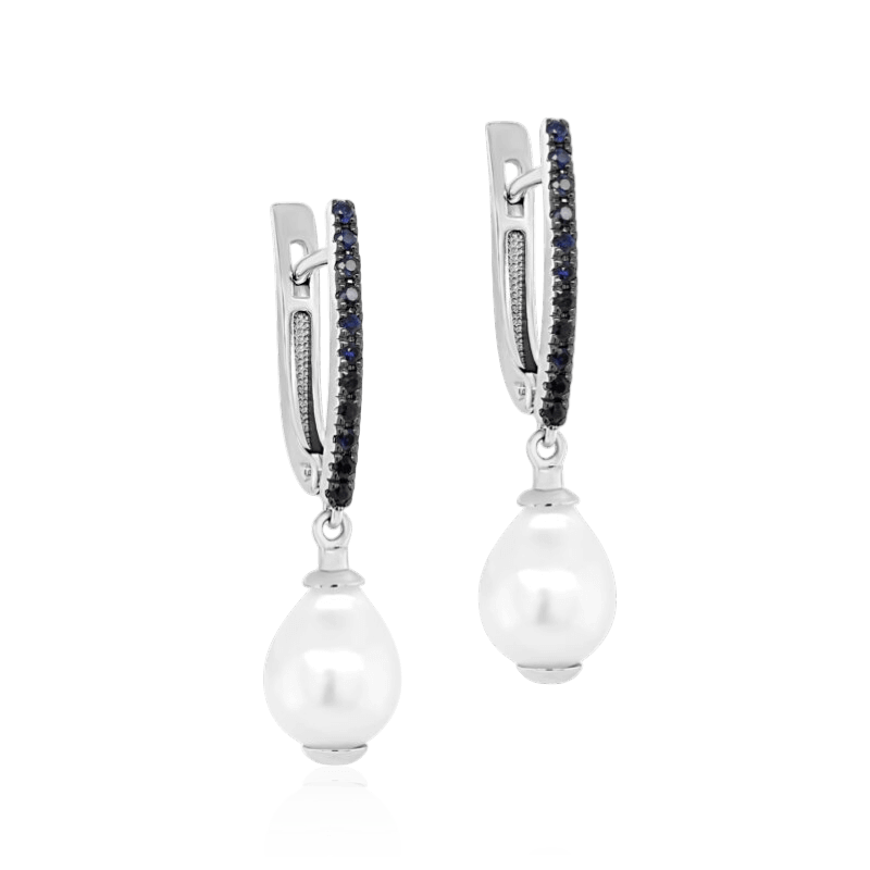 Серьги с сапфиром, жемчугом из белого золота 585 пробы (арт. 127836)