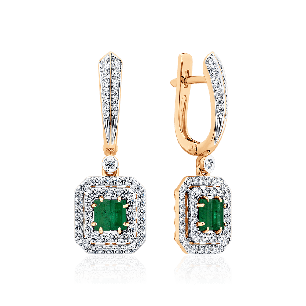 Серьги с изумрудом, бриллиантами из красного золота 585 пробы (арт. 131583)