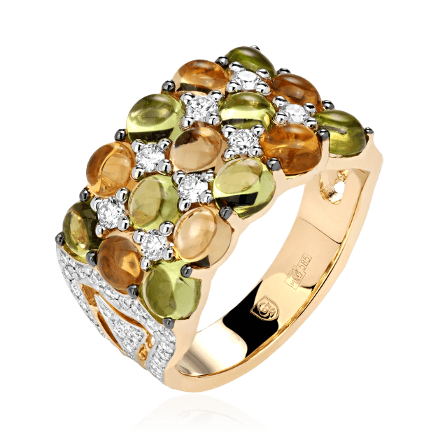 Кольцо с бриллиантами, хризолитом, цитрином из желтого золота 585 пробы (арт. 81831)