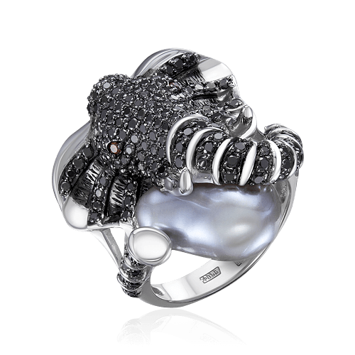 Кольцо Слон с жемчугом, бриллиантами из белого золота 585 пробы, фото № 1