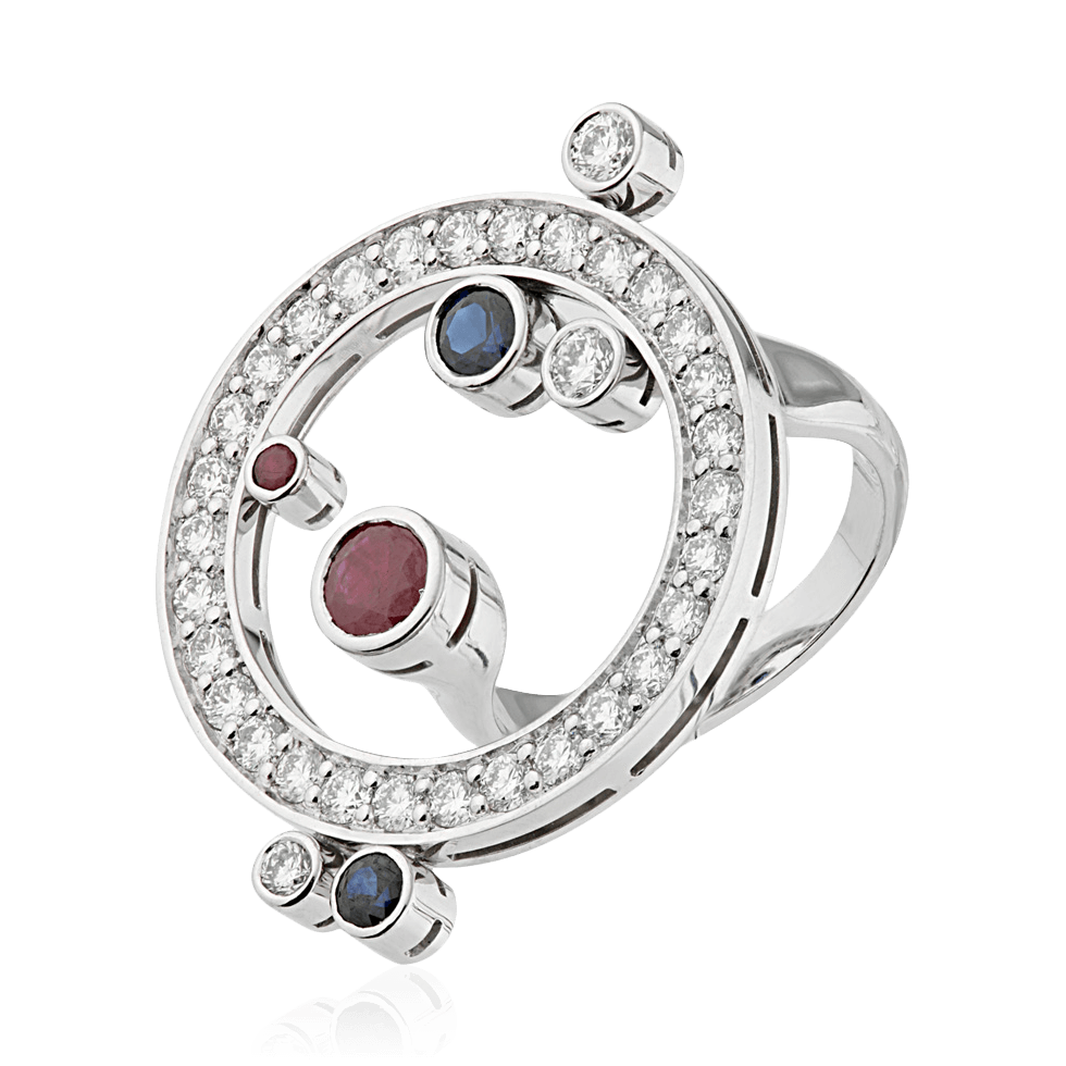 Кольцо с рубином, сапфиром, бриллиантами из белого золота 585 пробы, фото № 1