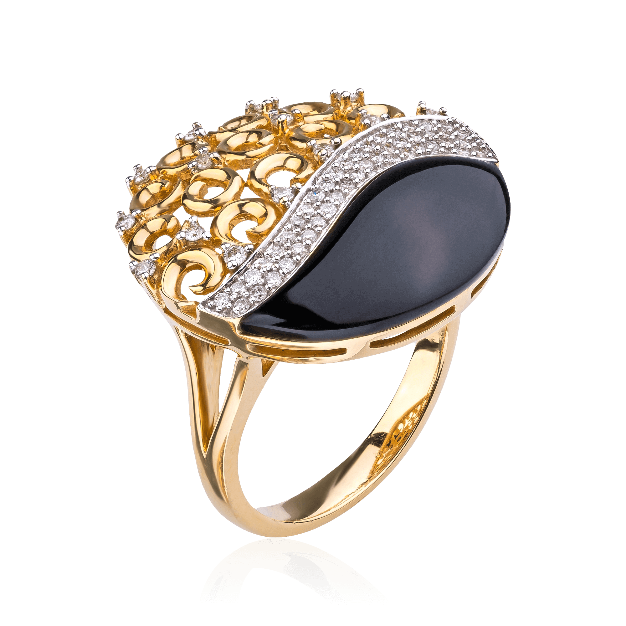 Кольцо с агатом, бриллиантами из желтого золота 585 пробы, фото № 1
