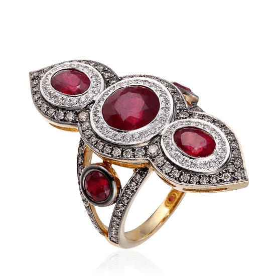 Кольцо с рубинами, бриллиантами, коньячный бриллиантами в комбинированном золоте 585 пробы, фото № 1