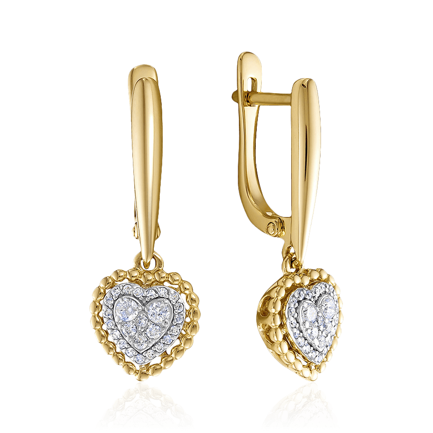 Серьги в форме сердец с бриллиантами из желтого золота 585 пробы (арт. 100661)