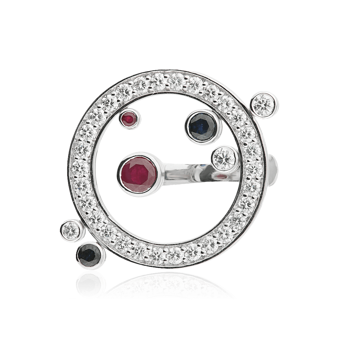 Кольцо с рубином, сапфиром, бриллиантами из белого золота 585 пробы, фото № 2