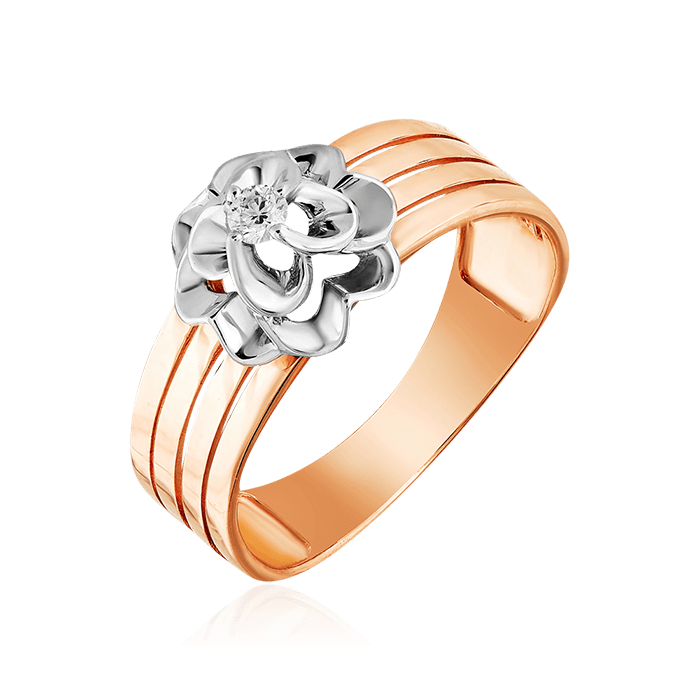 Кольцо в виде цветка с бриллиантами из комбинированного золота 585, фото № 1