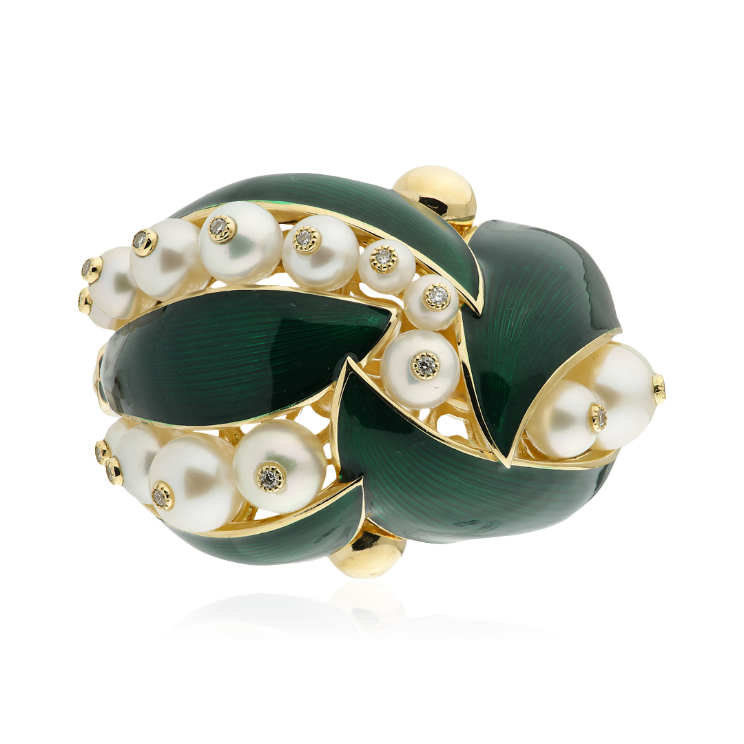 Кольцо Ландыш с бриллиантами, жемчугом из желтого золота 750 пробы, фото № 2