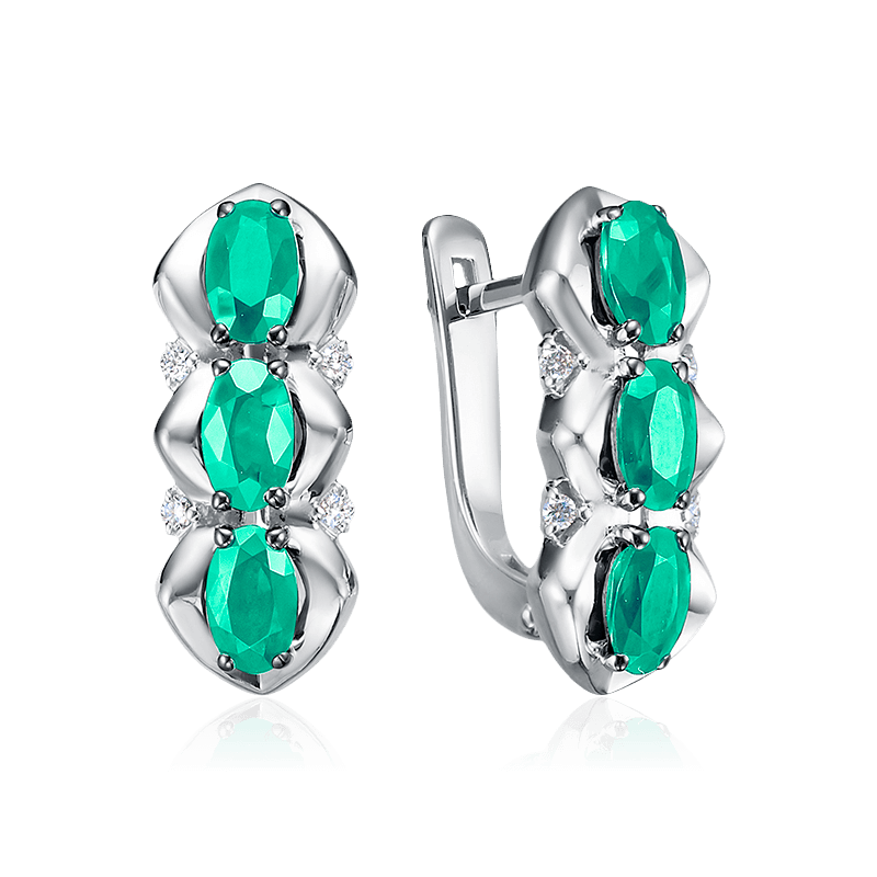 Серьги с изумрудом, бриллиантами из белого золота 585 пробы (арт. 122748)
