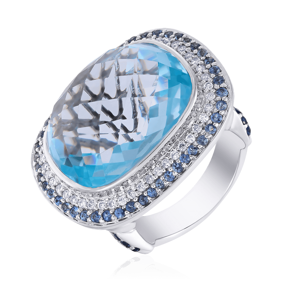 Кольцо с топазом, сапфиром, бриллиантами из белого золота 750 пробы, фото № 1