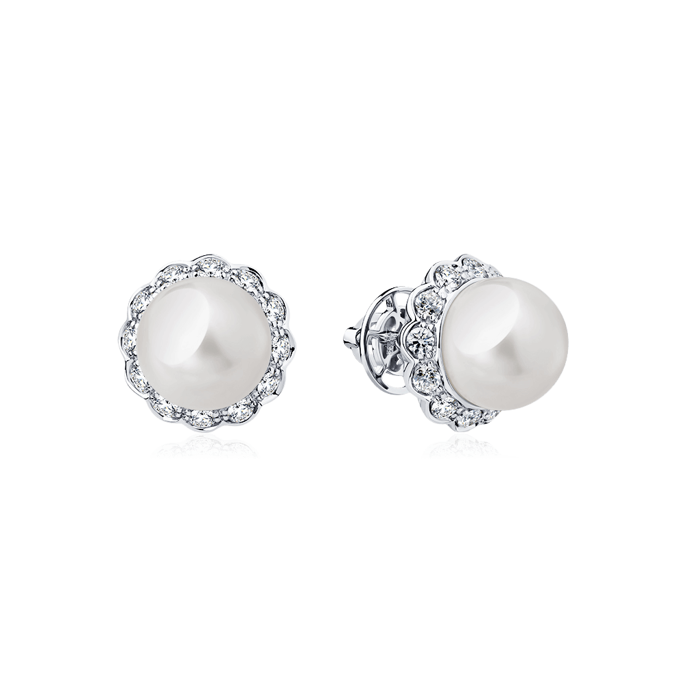 Серьги с жемчугом, бриллиантами из белого золота 585 пробы, фото № 1