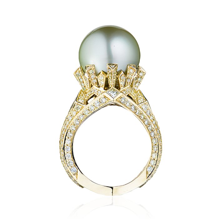 Кольцо с жемчужиной Таити и бриллиантами из желтого золота 750 пробы, фото № 3