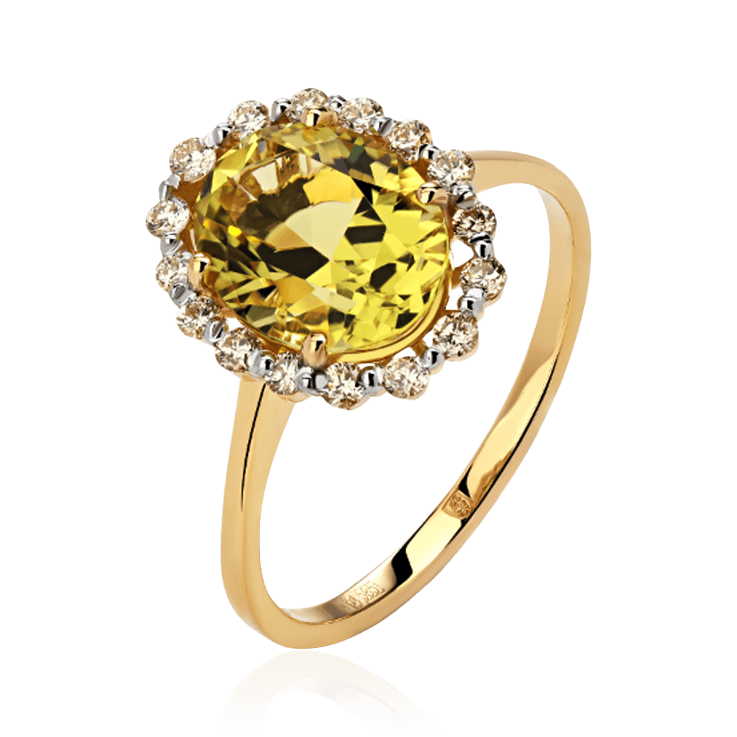 Кольцо с желтым кварцем, бриллиантами из комбинированного золота 585 пробы (арт. 85050)