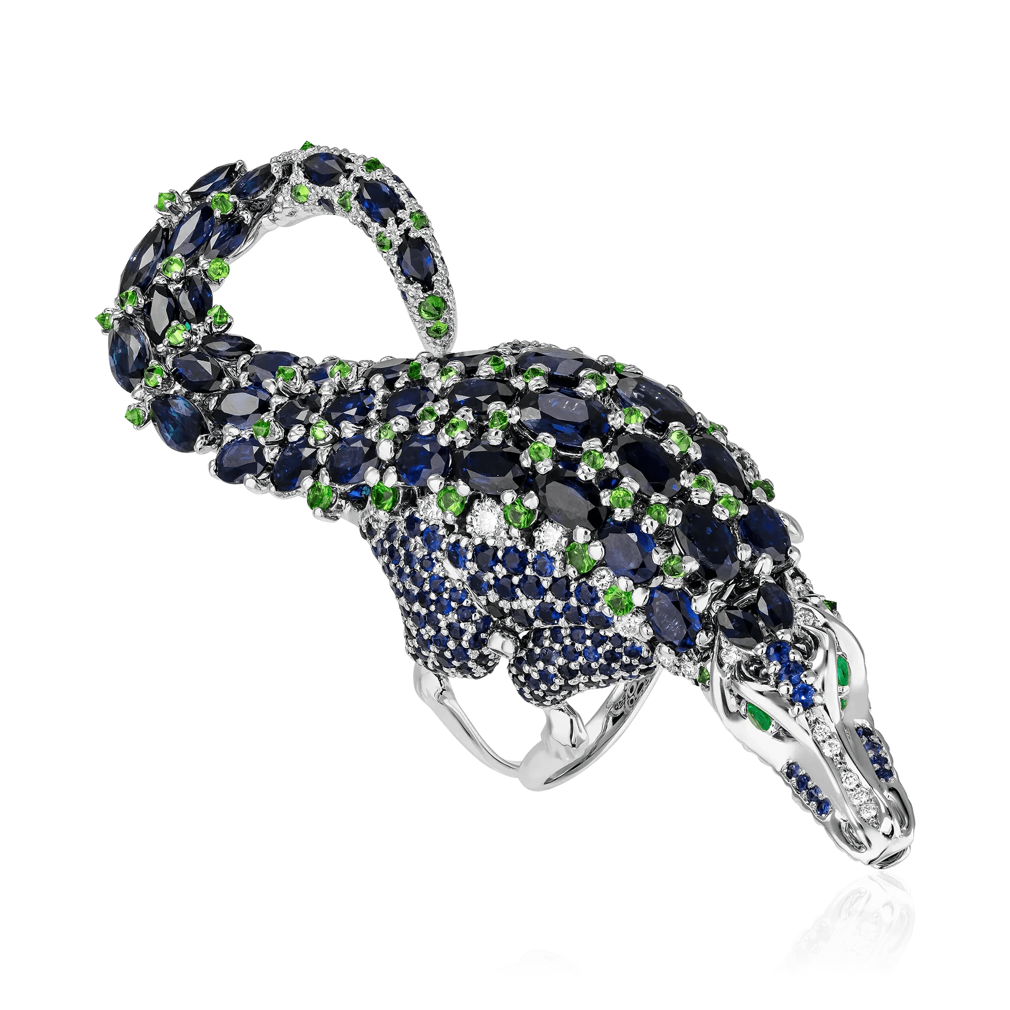 Кольцо с сапфиром, изумрудом, эмалью, тсаворитом, бриллиантами из белого золота 750 пробы (арт. 121957)