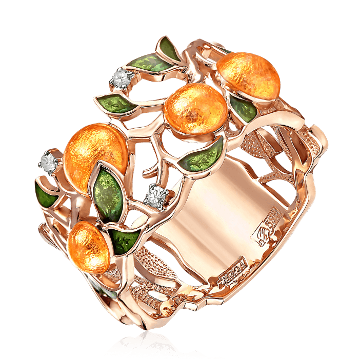 Кольцо мандарины из красного золота с бриллиантами и сочными апельсинами из горячей эмали (арт. 48864)