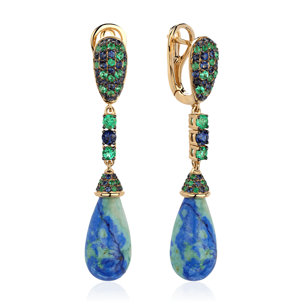 Серьги с азуритом, сапфиром, изумрудом из желтого золота 585 пробы, фото № 1