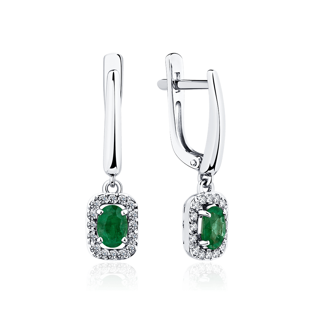 Серьги с изумрудом, бриллиантами из белого золота 585 пробы (арт. 126362)