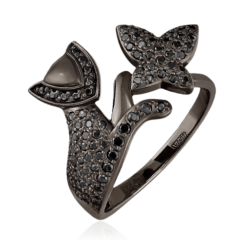 Кольцо в виде грациозной кошечки с бриллиантами из черного золота 585 (арт. 76810)