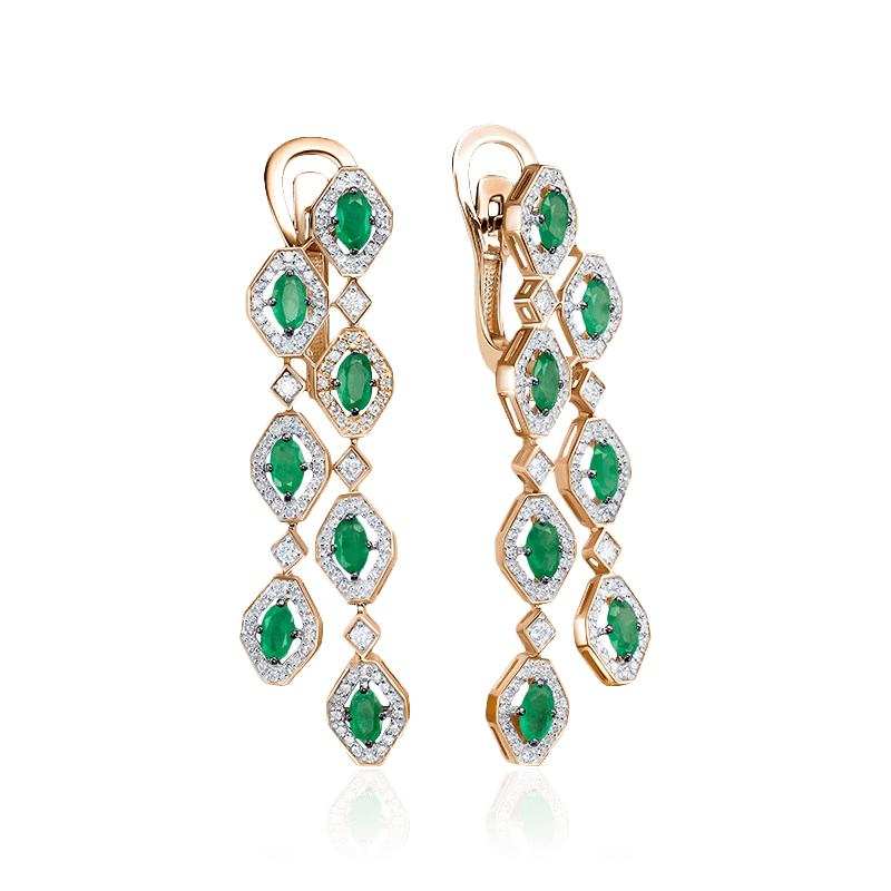 Серьги с изумрудом, бриллиантами из красного золота 585 пробы (арт. 122632)
